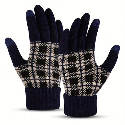 Thickened Full Finger Gloves - Warm, Touchscreen, Windproof, and Coldproof for Weekend Casual Sports - Acrylic Knit with Elasticity and Classic Contrast Color Plaid Design