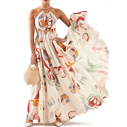 VAKKV  Spring and Summer New Women's Clothing European and American New Slim Fit Large Swing Sexy Spaghetti-Strap Floral Print Long Dress Beach Dress Dress
