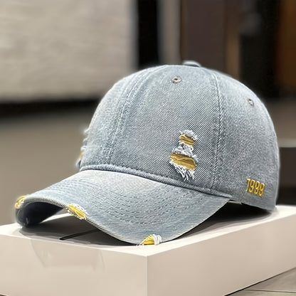 Trendy 1pc Distressed Denim Cap - Rugged Style – Versatile for Casual Wear in Spring to Autumn