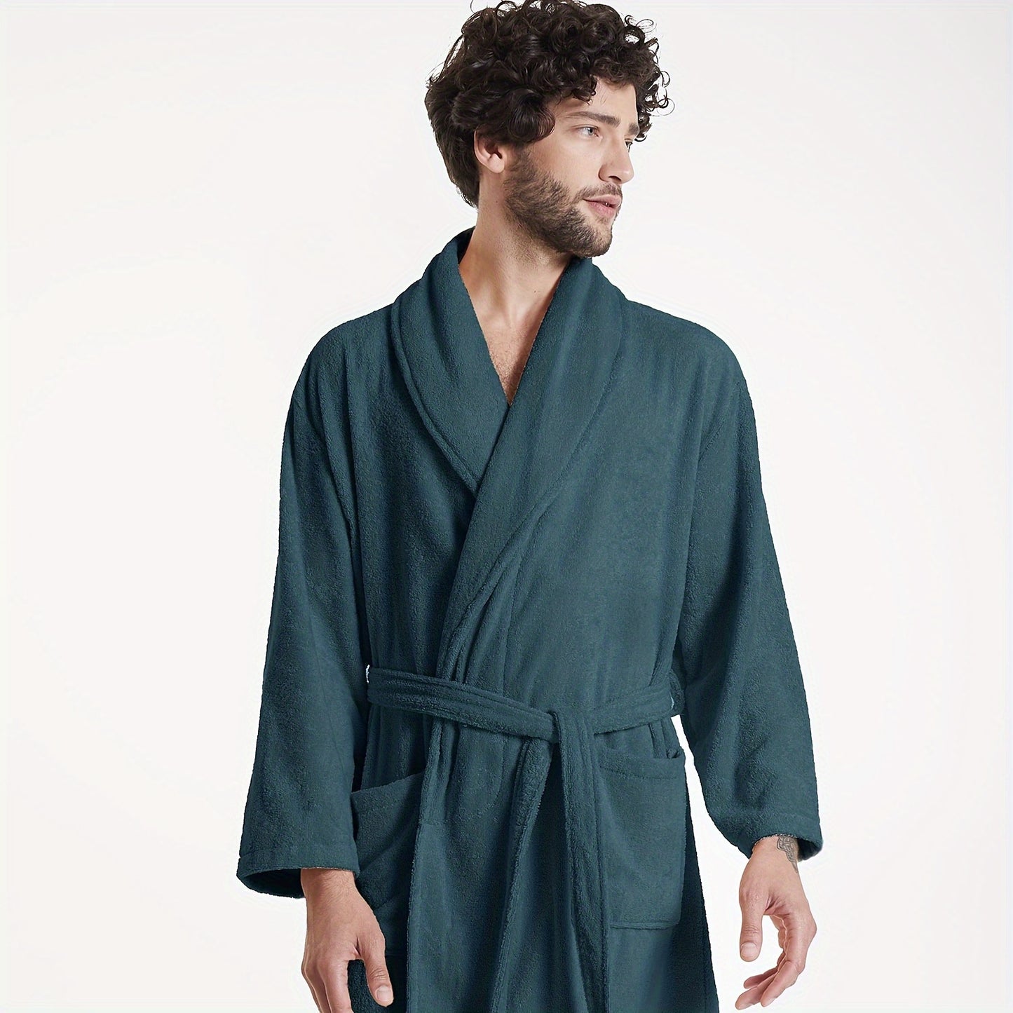 SIORO Mens Terry Cloth Bathrobe Shawl Collar Hotel Spa Cotton Robe Soft Warm Sleepwear Absorbent Calf Length Gown