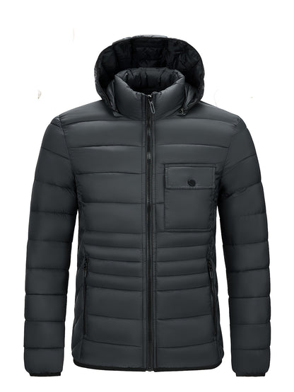 Men's Solid Color Hooded Puff Jacket, Long Sleeve Stand Collar Comfy Warm Trendy Winter Faux Down Coat As Gift