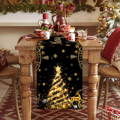 Christmas Table Runner 1PC - Handmade Polyester Black and Golden Christmas Tree Design - Festive Holiday Party Table Decoration for General Fit - Winter Xmas Gathering Home Decor