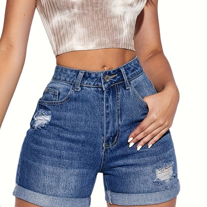 Women's High waisted Fashion Tight Stretch Slim Ripped Holes Short Jeans High Quality Shorts