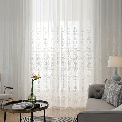 1pc Elegant White Embroidered Sheer Curtain - Simple Geometric Flower Pattern, Rod Pocket Design, Embroidered Yarn Fabric, Filters Soft Light, Adds Elegance to Living Room, Bedroom, Home Decor - Easy Care, Machine Washable