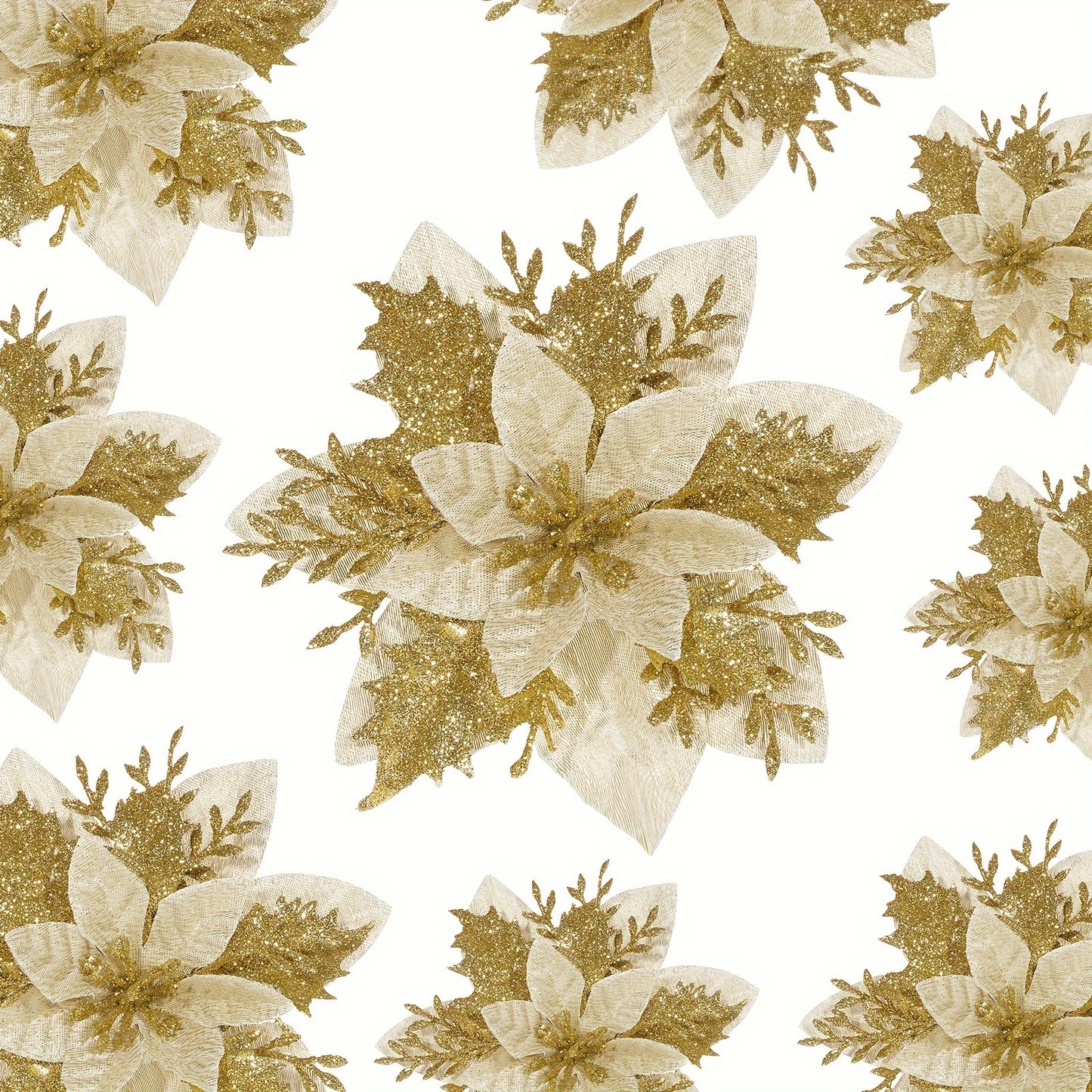 12PCS Sparkling Glitter Poinsettia Christmas Decorations - Premium Artificial Flowers with Clip-On Stems for Xmas, New Year, Wedding, Party, Wreath & DIY Garland - Dazzling Festive Accent