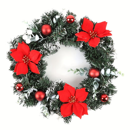 15.7 Inch Christmas Wreath Door Wall Ornament Artificial Wreath, Green Rattan With Red Flower And Ball Decorations And Battery Operated LED Lights For Home Stairs Fireplace Front Porch Door Display Indoor Outdoor Christmas Party Decor