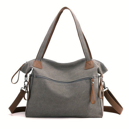 Large Capacity Vintage Style Canvas Tote Bag for Women - Adjustable Strap, Zipper Closure, Polyester Lined, Versatile for Work, Commuting, and Travel