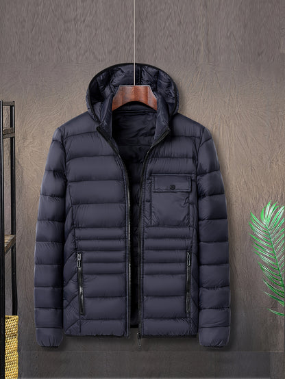 Men's Solid Color Hooded Puff Jacket, Long Sleeve Stand Collar Comfy Warm Trendy Winter Faux Down Coat As Gift