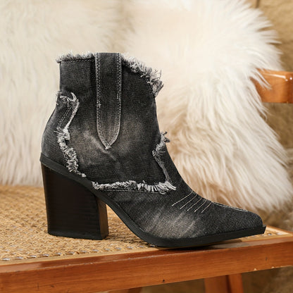 Womens Denim Western Boots - Sturdy & Stylish Chunky Heel, Pointed Toe, Side Zipper Closure - Retro Raw Trim Ankle Booties for a Cowgirl Chic Look