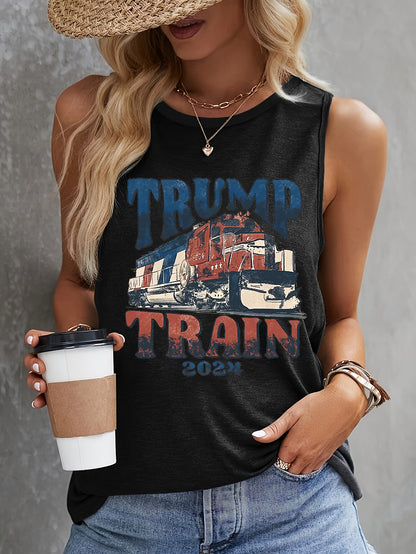Sleeveless Trump Train Print Tank Top - Freedom of Movement, Casual Comfort for Summer & Spring - Stylish Womens Clothing for Everyday Wear