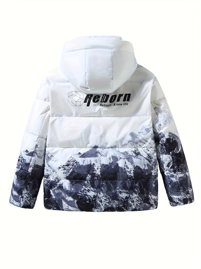 Men's Stylish Mountains Pattern Down Jacket With Pockets, Casual Breathable Zip Up Long Sleeve Warm Hooded Top For Winter City Walk Street Hanging Outdoor Activities
