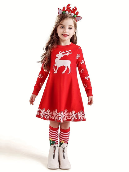 Cozy Girls' Deer Pattern Sweater Dress - Special Occasion, Round Neck, Long Sleeve, Knitted, Christmas Themed, Soft and Warm - Perfect for Holiday Parties