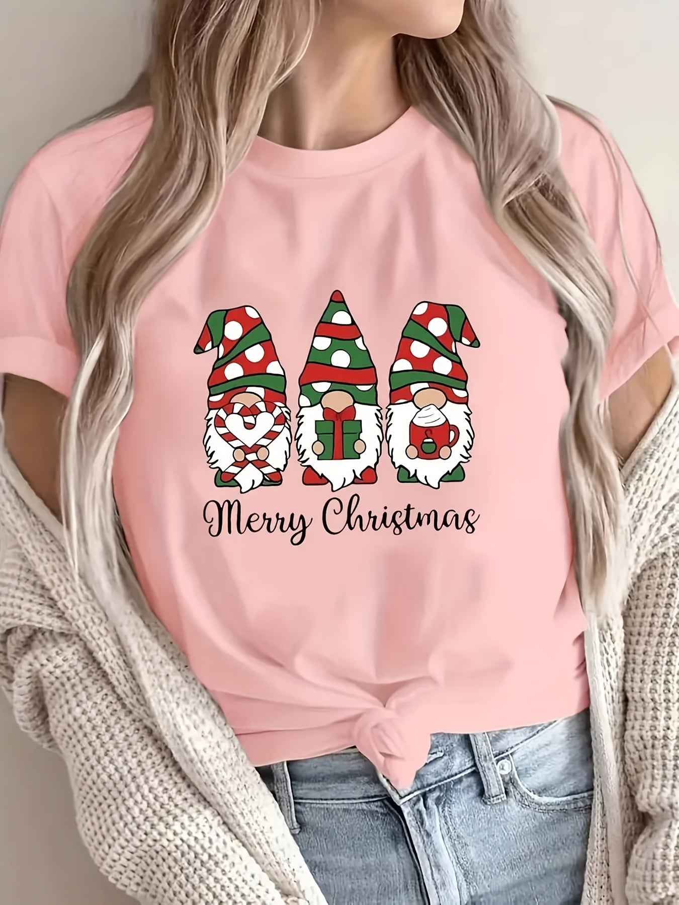 1pc Women'S Plus Size Merry Christmas Cartoon Gnomes T-Shirt, Casual Crew Neck Short Sleeve Top with Slight Stretch, Polyester Knit Fabric Pullover for All Seasons