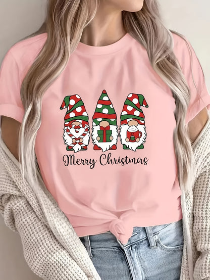 1pc Women'S Plus Size Merry Christmas Cartoon Gnomes T-Shirt, Casual Crew Neck Short Sleeve Top with Slight Stretch, Polyester Knit Fabric Pullover for All Seasons