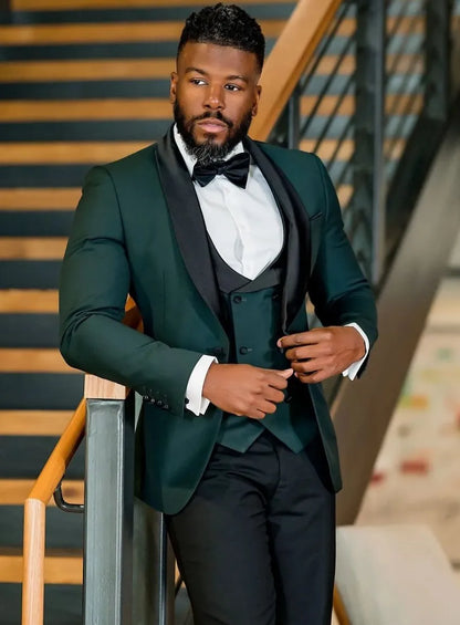 Custom Design Dark Green 3 Piece Suit Men Wedding Tuxedos Excellent Black Lapel Groom Tuxedos Men Business Dinner Prom Blazer Jacket Pants Tie Vest 211