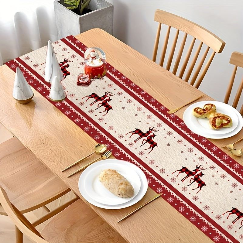 1pc, Festive Elk Christmas Table Runner, 70.87x13.78inch Polyester Table Flag, Merry Christmas Home Decor, Natal Noel Navidad Ornament, New Year Gifts, Xmas Party Table Cover, Holiday Table Decor, Rectangular Non-Woven Material, Polyester Cover