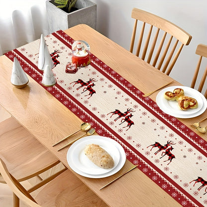 1pc, Festive Elk Christmas Table Runner, 70.87x13.78inch Polyester Table Flag, Merry Christmas Home Decor, Natal Noel Navidad Ornament, New Year Gifts, Xmas Party Table Cover, Holiday Table Decor, Rectangular Non-Woven Material, Polyester Cover