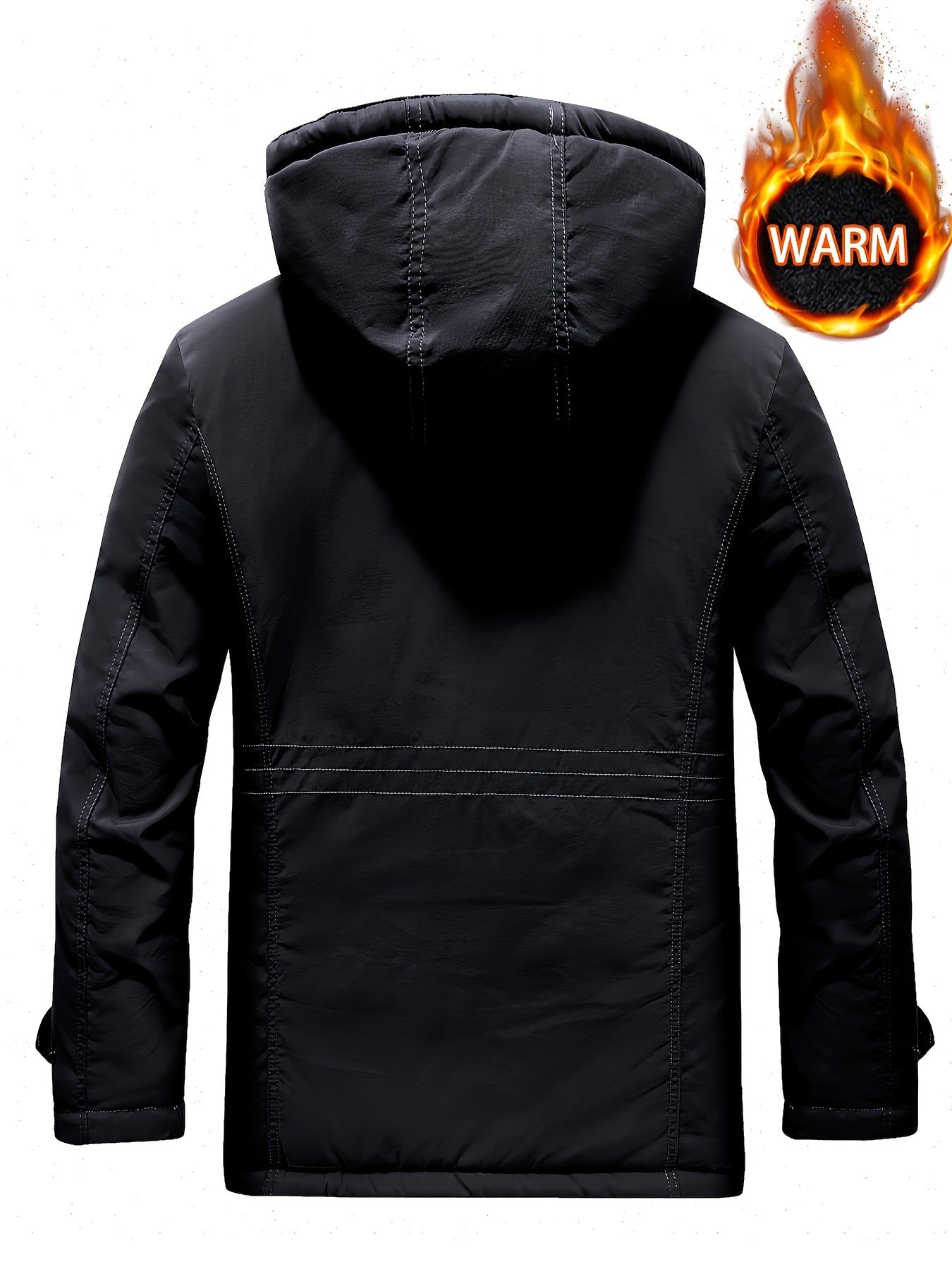 Men's Letters Pattern Hooded Faux Down Jacket, Comfy Warm Trendy Long Sleeve Thickened Faux Down Coat As Gift For Winter