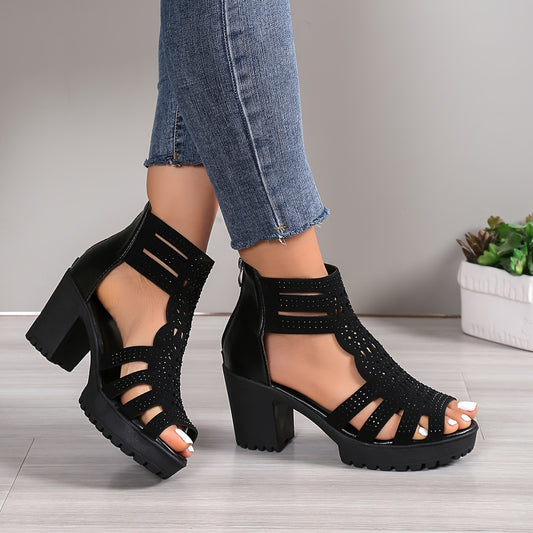 Stylish High Heel Womens Sandals - Rhinestone Decorated, Chunky Block Heel, Open Toe, Hollow Out Design, Back Zipper, Fabric Insole, EVA Sole, Ankle-Strap, Random Printing, Perfect for Summer Fashion and Dress Occasions