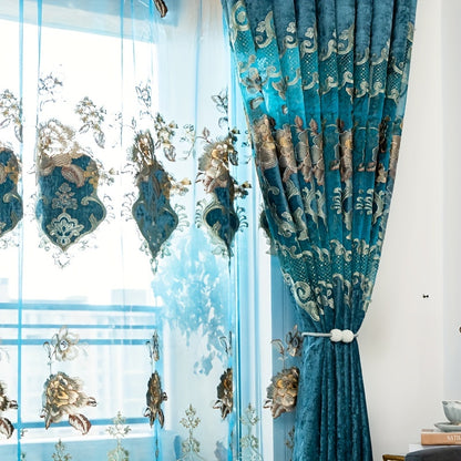 1pc Chenille Hollow Embroidery Curtain, Sunshade Living Room Dining Room Bedroom Blue Curtain, Window Treatment Home Decor