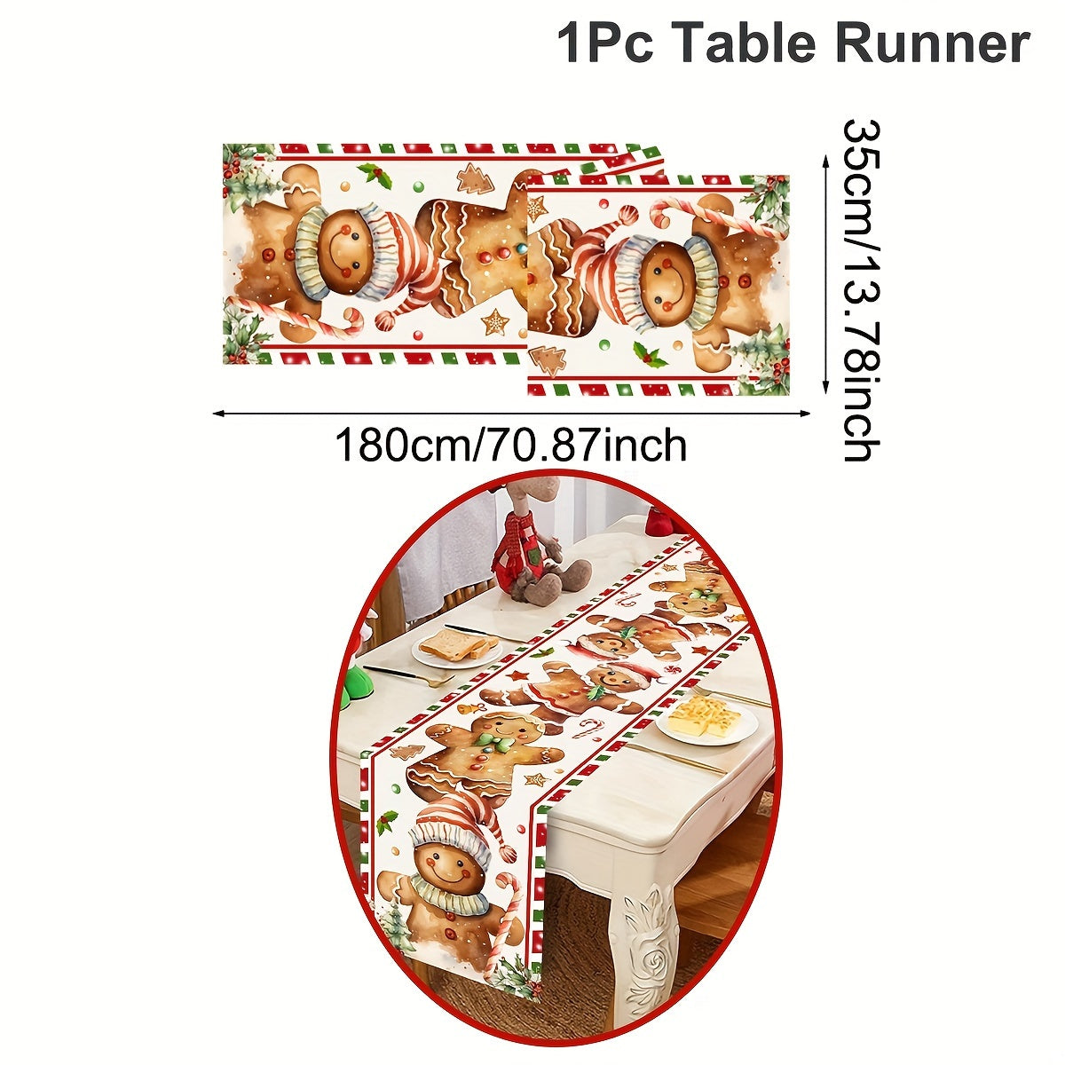 Vibrant 1-Piece Christmas Polyester Table Runner - Festive Gingerbread Man Pattern, Universal Fit, Machine Made, Easy Care, Seasonal Holiday Decor, Indoor and Outdoor Use, Perfect for Home Party, Dining Table Decoration, Xmas Celebration Accessory