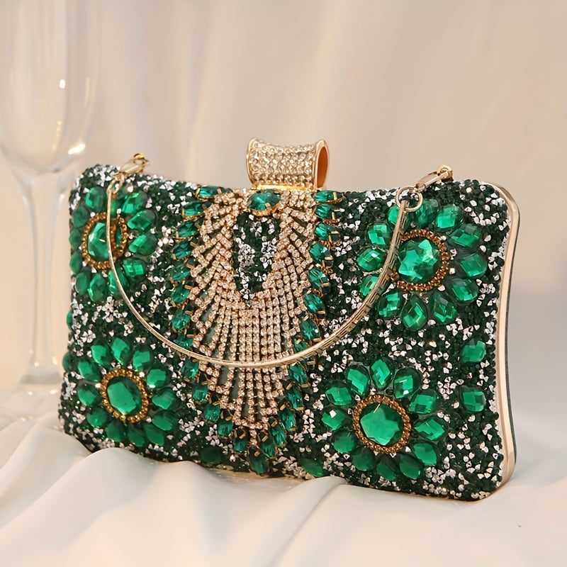 Glittering Vintage Rhinestone Evening Clutch - Elegant Ladies Cocktail Purse for Parties & Proms - Durable PU Material with Optional, Adjustable Chain Strap