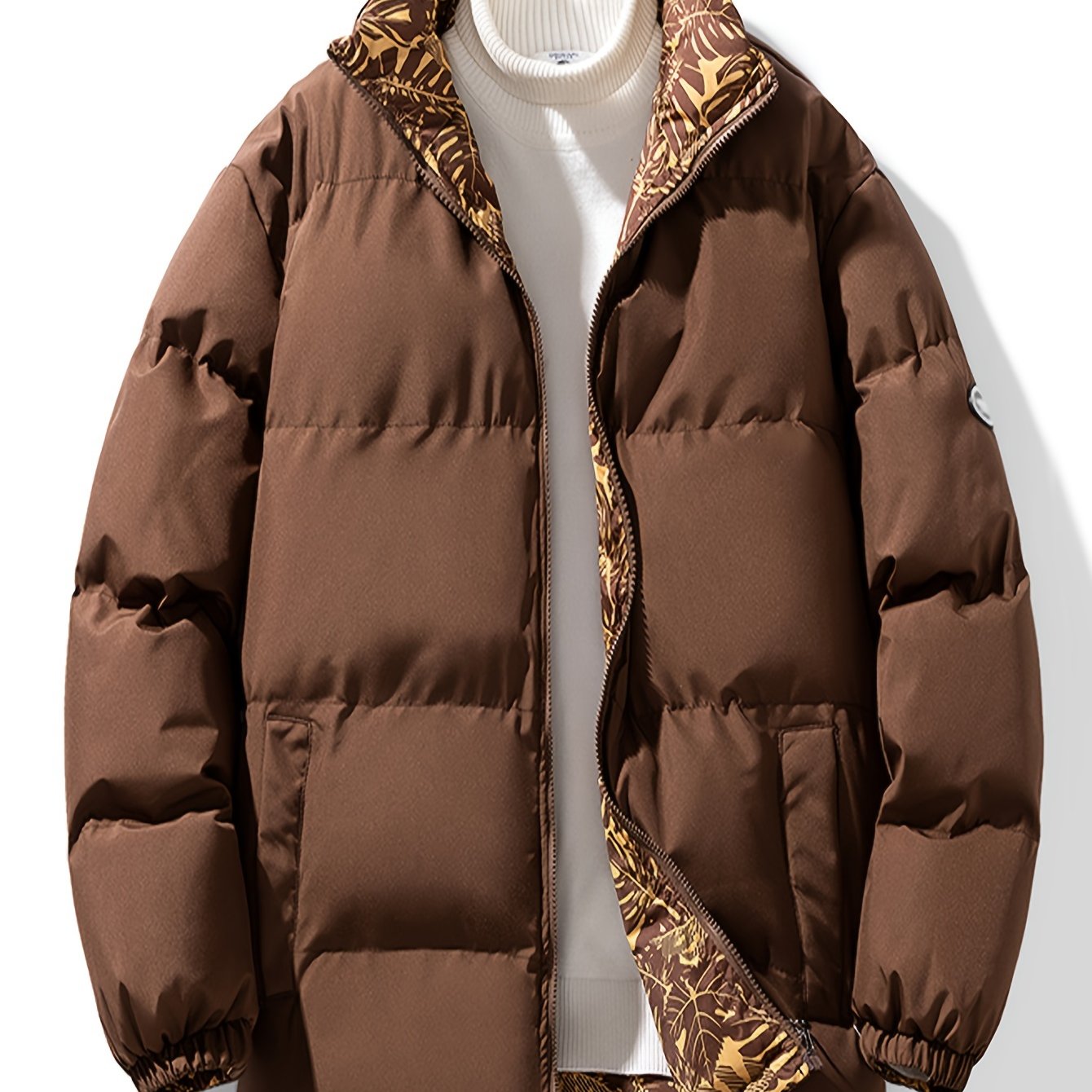Men's Reversible Thick Jacket, Stand Collar Long Sleeves Full-Zip Down Jacket, Casual Fit Winter Wear