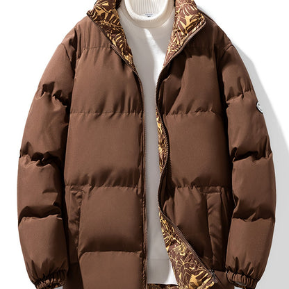 Men's Reversible Thick Jacket, Stand Collar Long Sleeves Full-Zip Down Jacket, Casual Fit Winter Wear