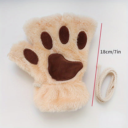 Cozy Cat Claw Plush Half-Finger Gloves - Thick, Warm & Soft For Autumn & Winter, Hand Wash Only, Perfect For Sports & Outdoor Activities