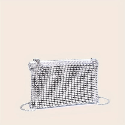 Dazzling Rhinestone Shoulder Square Bag - Shimmering Glamour, Classic Zipper & Chain Detail - Ideal for Carnaval Parties & Music Festivals, Womens Evening Bag