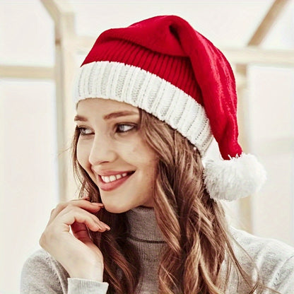 1pc Adorable Knitted Santa Hat with Pompom - Beanies for Women and Men - Soft, Warm, and Festive Christmas Gift and Party Decoration