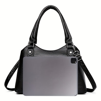 Chic Vintage-Inspired Faux Leather Tote Bag for Women - Versatile Shoulder & Crossbody Design with Adjustable Strap, Multiple Compartments, Zip Closure - Perfect for Work, Travel, and Casual Outings - Black