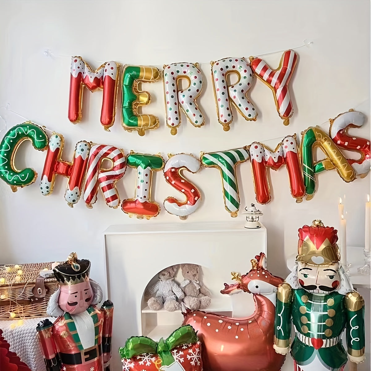 14pcs/set, 15.7in Alphabet Balloon Christmas Alphabet Banner Set, Merry Christmas Foil Balloon Merry Christmas Party Decoration Xmas Decor Indoor Balloon