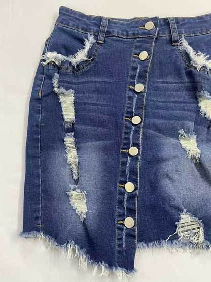 Chic Street-Style Denim Skirt: Distressed, Mid Waist, Bodycon Fit, Perfect for Spring to Fall, Easy Care