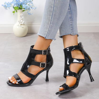 Chic Womens Solid Color High Heel Sandals - Back Zipper & Hollow Out Design - Perfect for Work to Evening - Comfortable High-top Dress Shoes