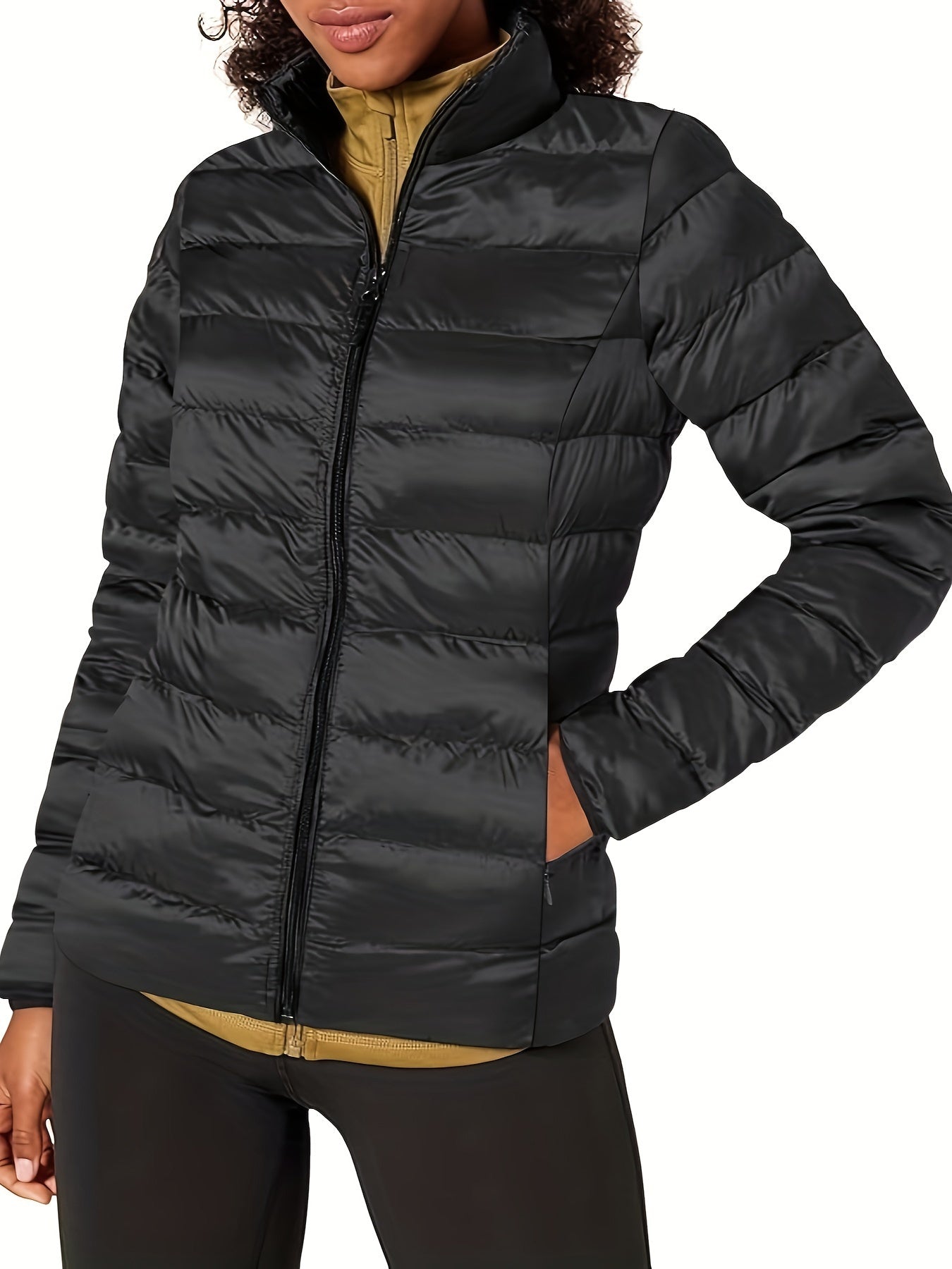 Zipper Stand Collar Slant Pockets Puffer Jacket, Casual Long Sleeve Jacket For Winter, Women's Clothing