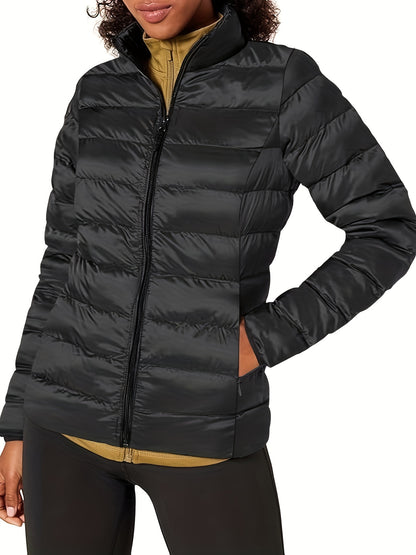 Zipper Stand Collar Slant Pockets Puffer Jacket, Casual Long Sleeve Jacket For Winter, Women's Clothing