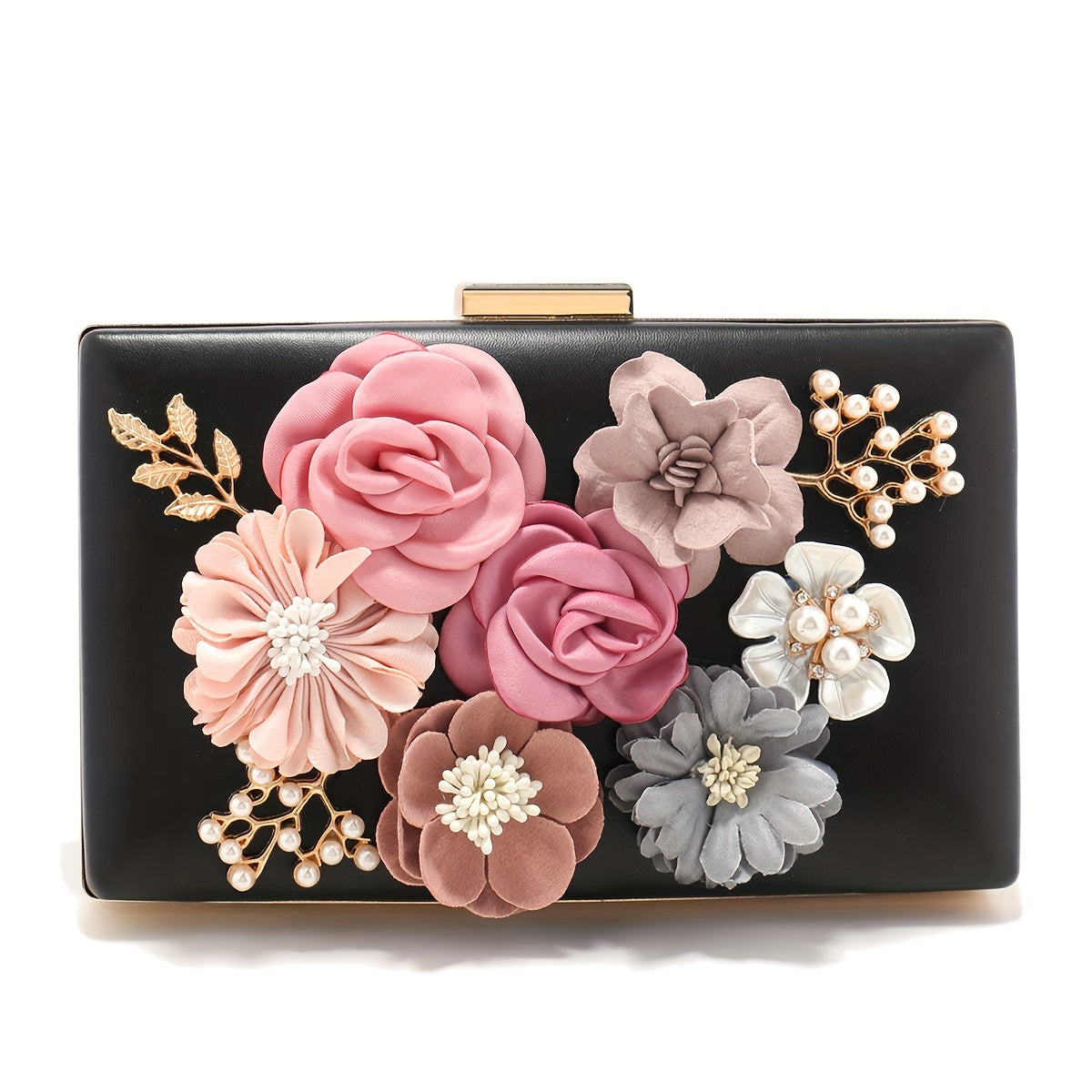 Glittering 3D Flower Evening Clutch - Stylish Womens Purse for Weddings & Parties - Dazzling Chain Strap Handbag with Delicate Floral Embellishment