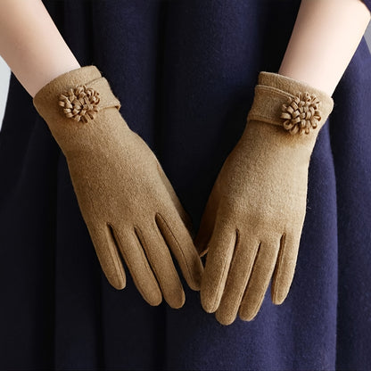 Simple Daisy Flower Decor Gloves Elegant Solid Color Warm Touchscreen Gloves Autumn Winter Coldproof Riding Gloves