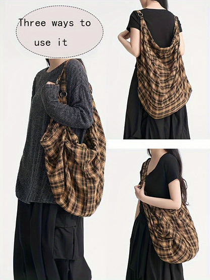 Chic Rock-Inspired Plaid Canvas Backpack - Spacious & Versatile for Work or Casual Outings, Durable Shoulder Straps, Zip Closure