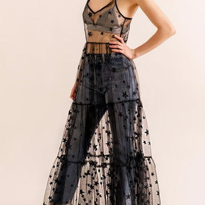 VAKKV  Starry Night Sheer Mesh Cover Up Dress - Flirty Ruffles, Spaghetti Straps Cami Style - Womens Beach to Bar Holiday Wear