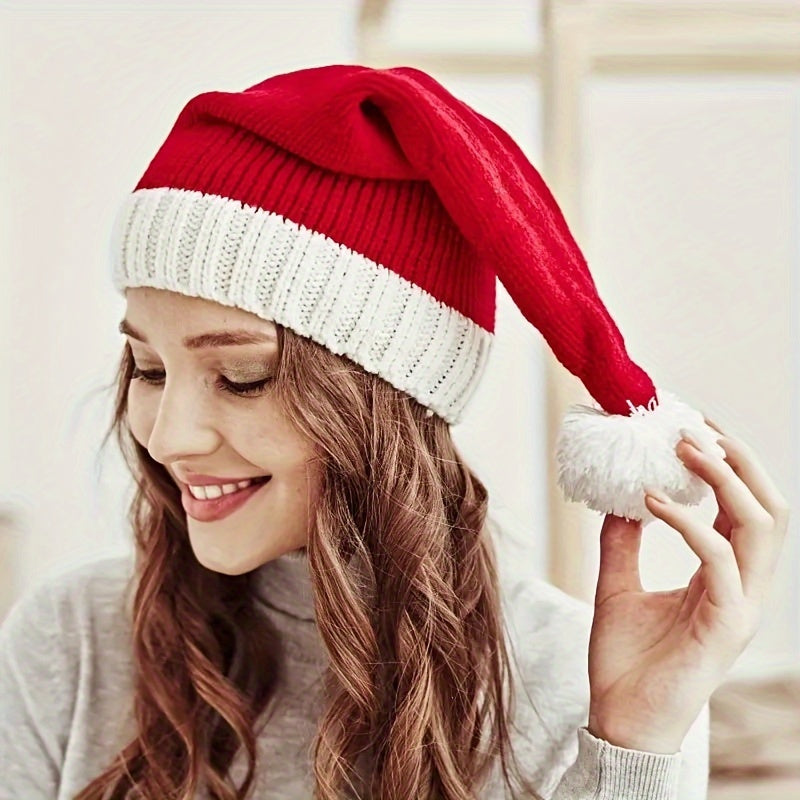 1pc Adorable Knitted Santa Hat with Pompom - Beanies for Women and Men - Soft, Warm, and Festive Christmas Gift and Party Decoration