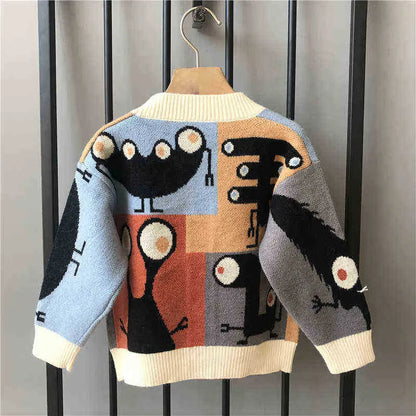 1-8Year Baby Boys Knitted Sweater Autumn Winter V Neck Single Breasted Jacket Kids Catoon Casual Sweater Tops Y0925