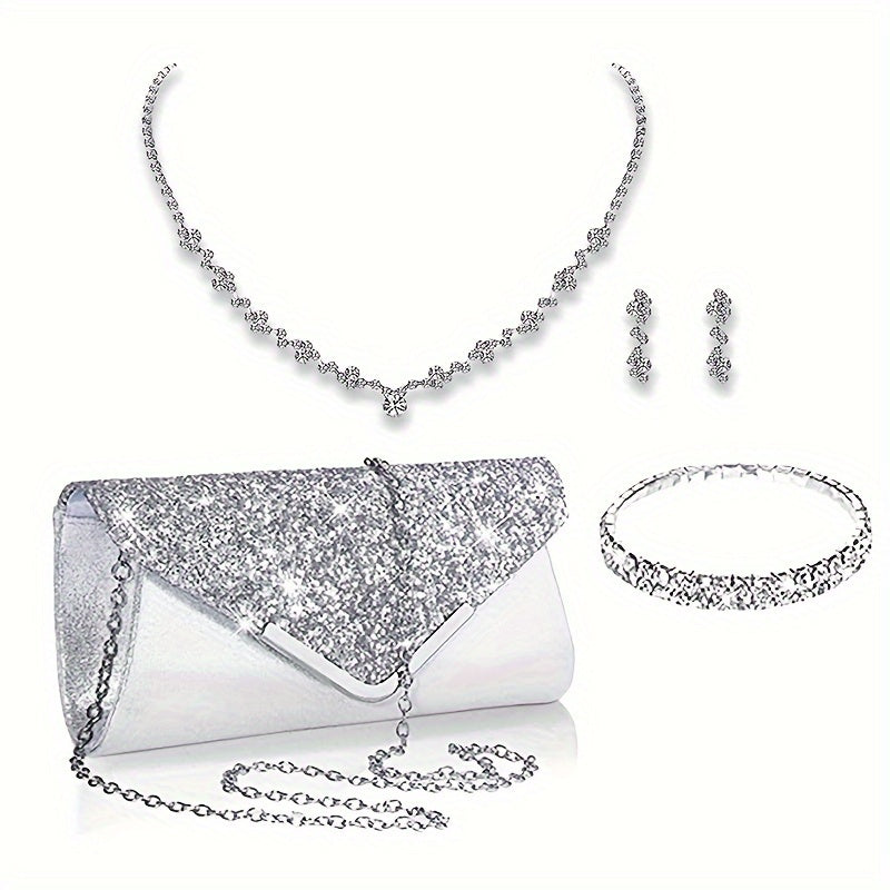 Glittering Evening Clutch Set - Sparkling Purse, Stylish Handbag, Dazzling Earrings, Delicate Necklace, Chic Bracelet - Perfect for Women, Carnaval, Wedding, Music Festival, Classic Style