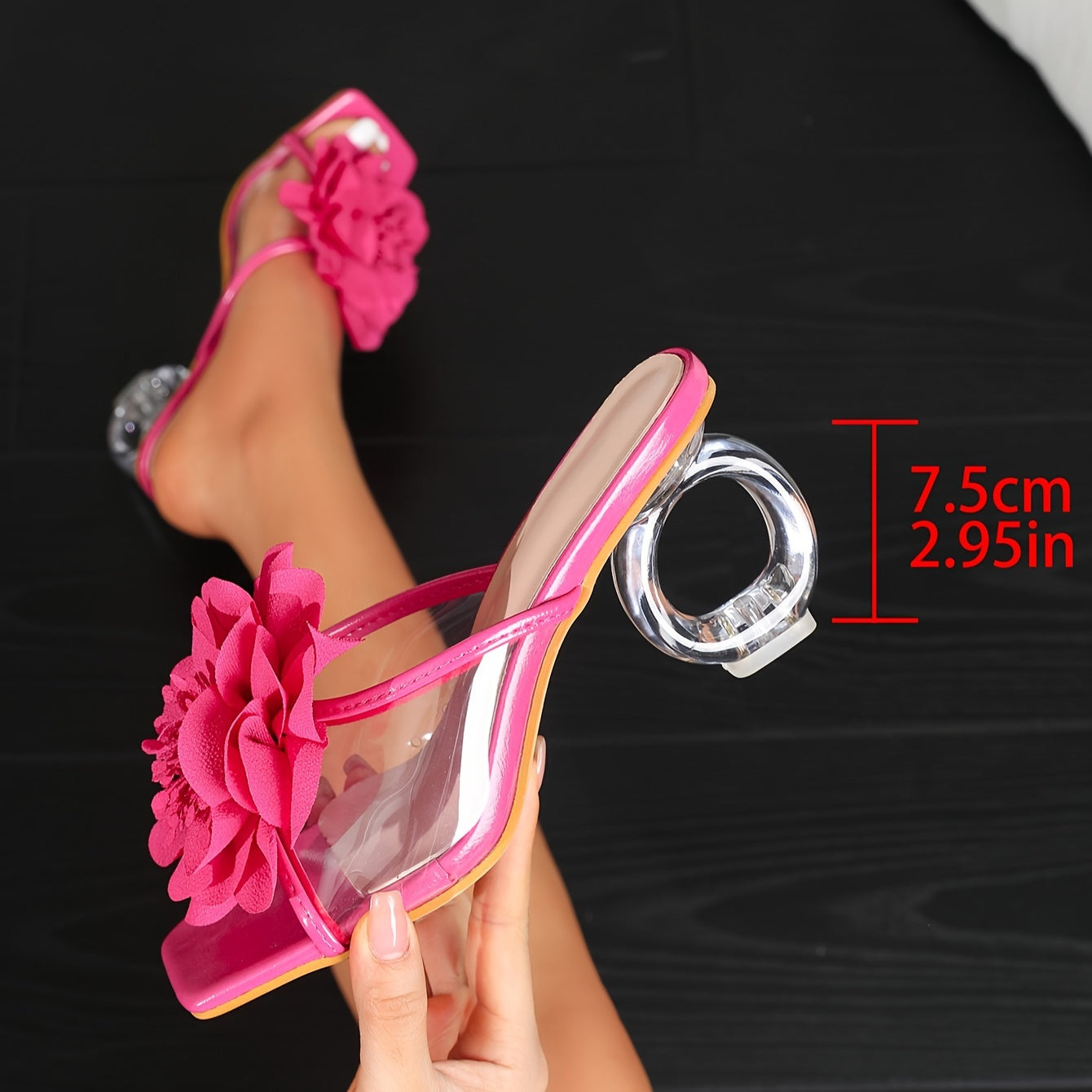 High Heel Womens Elegant Chunky Sandals - Square Open Toe Slip On Shoes with Contoured Heel, Faux Leather Upper and Insole, Rubber Sole, Fashionable Solid Color Party Dress Shoes for Summer