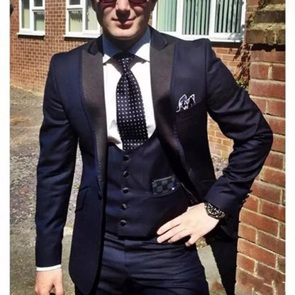 Custom Design Dark Green 3 Piece Suit Men Wedding Tuxedos Excellent Black Lapel Groom Tuxedos Men Business Dinner Prom Blazer Jacket Pants Tie Vest 211