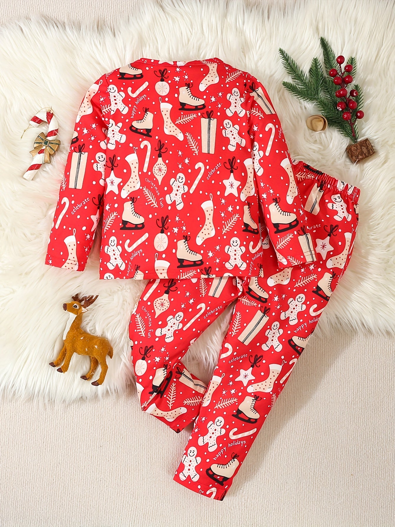 2pcs Set of Children and Toddler's Autumn and Winter Warm Fleece Underwear, Long Sleeve Thermal Outdoor Suit, Velvet Fabric, Christmas, Cookie Cartoon