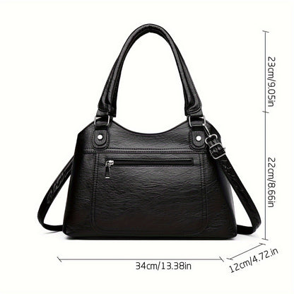 Women's Large Capacity Tote Bag, Vintage Style, Waterproof and Theft-Proof, Solid Color, Casual Versatile Handbag with Adjustable Strap, Zipper Closure, Polyester Lining, Faux Leather, No Print, No Edge Oil, Black