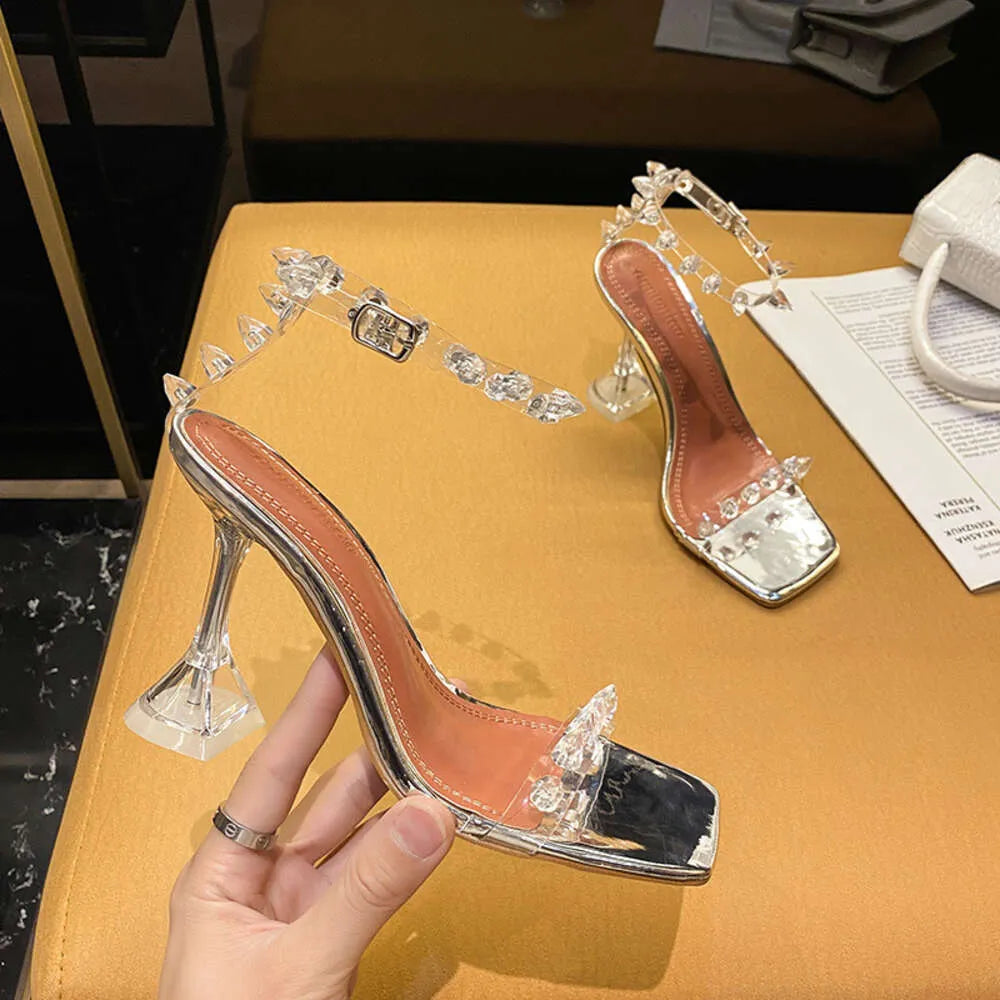 Star Style Rivet Transparent PVC Cup Heeled Women Fashion Stiletto High Heels Summmer Shoes Female Sandals Kq8