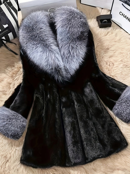 Mid-Length Women's Elegant Faux Fur Coat with Long Sleeve, Collar, Belt, Pockets, and Knit Fabric for Stylish Winter Outerwear